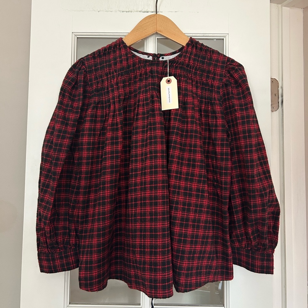 NWT Uqnatu Shirred Blouse Red Plaid Peasant Tie Size XS/S